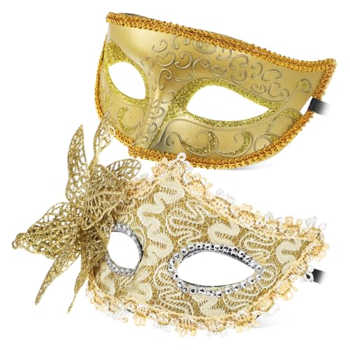 FUNNETOYU 2 Teiliges Venezianische Masken Karneval Maske aus Leichtem Kunststoff mit Elegantem Goldmuster und Gelber Schmetterlingsverzierung für Maskenball Halloween Kostümfest von FUNNETOYU
