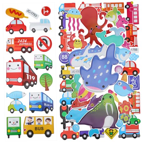 FUNNETOYU 3 Blätter Cartoon Aufkleber Tiere Fahrzeuge Dekorative Sticker mit Kleber für Handy Kühlschrank Flasche Basteln Kreativitätsfördernd Kinderzimmer von FUNNETOYU