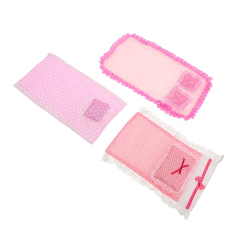 FUNNETOYU 3 Sätze Doll House Schlafzimmer Set Dollhouse -Kissen Decke Dollhouse Schlafzimmerdekor Miniatur-Puppenstubenmöbel Puppenhaus-Bettkissen Miniatur-Schlafzimmer-Ornament Stoff Rosa von FUNNETOYU