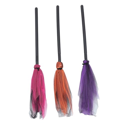 FUNNETOYU 3 Stücke Teiliges Hexenbesen Halloween Deko Hexenkostüm Zubehör Kunststoff Besen mit Mesh Besenstiel Bunte Party Dekoration für Hexen und Zauberer Kostüme von FUNNETOYU