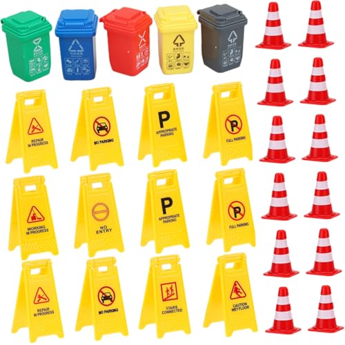 FUNNETOYU 37 Stück Teiliges Verkehrszeichen spielset für Inklusive Englischer Warnschilder Roten Verkehrskegeln Mülltonnen und Roten Absperrungen Pädagogisches Lernspielzeug zur von FUNNETOYU
