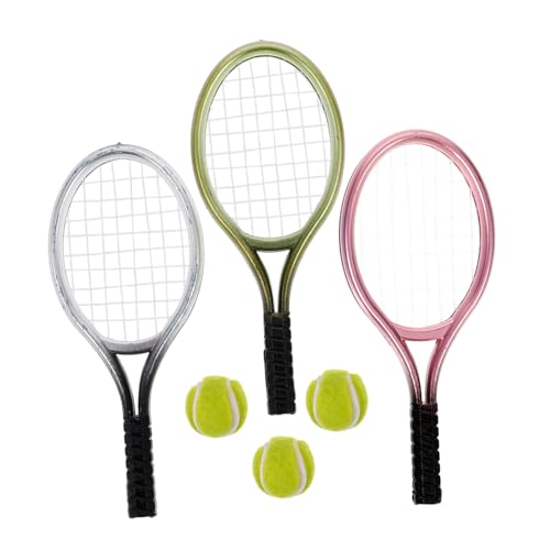 FUNNETOYU 3Sätze Mini Tennis Schläger Schlüsselanhänger Teiliges Puppenhaus mit Tennisball Handwerkskunst für Kreative Gestaltung Houses von FUNNETOYU