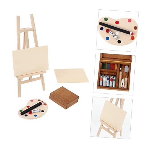 FUNNETOYU 4 Stück Miniatur Teiliges Holz Malset Puppenhaus Deko mit Staffelei Malbrett Palette und Farbbox Leichtes Miniatur Dekorationsset zur Kreativen Spielzeuggestaltung und Malspaß von FUNNETOYU