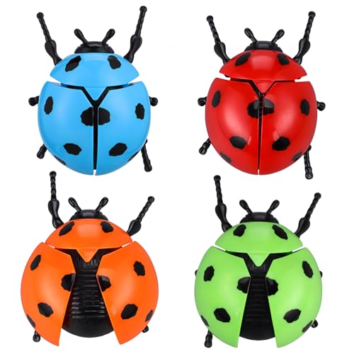 FUNNETOYU 4 Stück Teiliges Aufziehspielzeug Realistische Marienkäfer in Rot Blau Grün Orange aus Kunststoff Lebensechte Wind Up Tiere für Gartendekoration und Originelle Geschenkideen von FUNNETOYU