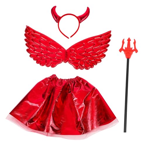 FUNNETOYU Halloween Teufel Cosplay Set für Teiliges Set mit Hornhaarreif Tüllrock Einhornflügel und Herzstab Kostümzubehör für Karneval und Themenpartys von FUNNETOYU