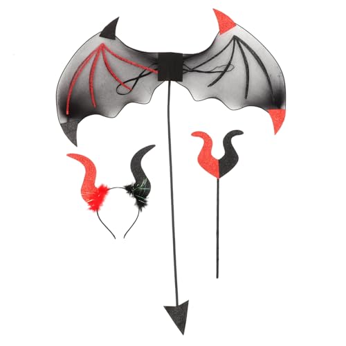 FUNNETOYU Halloween Teufel Kostüm Set Teilig mit Elastischem Horn Haarreif Rot Schwarzen Teufelsflügeln und Leichtem Stab Party Zubehör für Damen Herren und Teens für Halloween und von FUNNETOYU