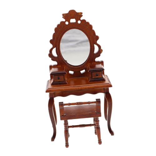 FUNNETOYU Holz Miniaturmöbel mit Spiegel und Stuhl Robustes Vintage Schlafzimmer für Kreative Passend für Dollhouse Tisch Dekoration von FUNNETOYU