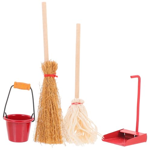FUNNETOYU Mini Puppenhaus Reinigungsset Teilig mit Miniatur Mop Besen Kehrschaufel und Eimer Realistische Kleine Hausdekoration Zubehör für Dollhouse Spielhaus von FUNNETOYU