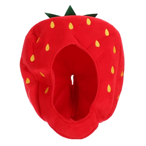 FUNNETOYU Niedlicher Plüsch Erdbeer Hut Party Kopfbedeckung Lustiger Obst Kostüm Kopfputz für Erwachsene Karneval Halloween Cosplay Requisiten von FUNNETOYU