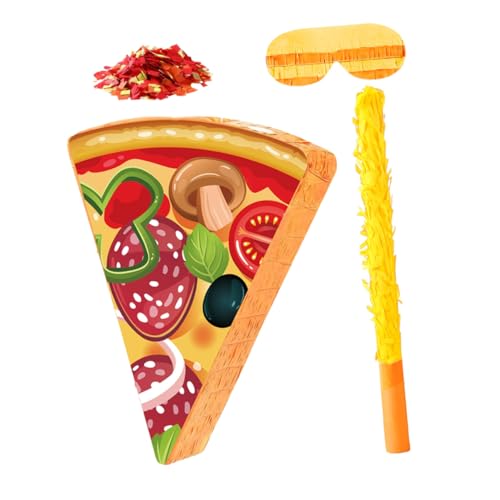 FUNNETOYU Pizza Piñata mit Stick Augenbinde und Konfetti Food Themed Partyspiel für Kindergeburtstag Buntes Wiederbefüllbares Karton und Krepppapier Lustiges Blindfold Spiel von FUNNETOYU