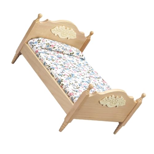 FUNNETOYU Puppenhaus Doppelbett aus Holz Realistische Mini Doppelbettmöbel für Puppenhaus Schlafzimmer Kindgerechtes Langlebig und Detailreich Gestaltet für Kreative Rollenspiele von FUNNETOYU