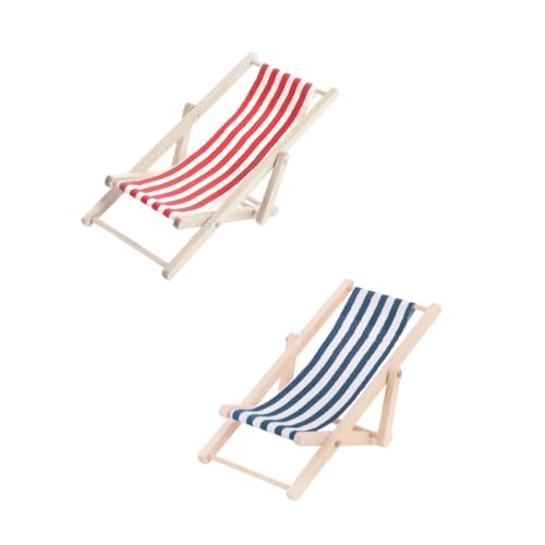 FUNOMOCYA 2 Stück Miniatur Puppenhaus Sessel Handgefertigte Holz Liegestühle mit Streifenmuster Blau Rot Dekorative Mini Relaxsessel für Puppenmöbel und Strand Szene von FUNOMOCYA