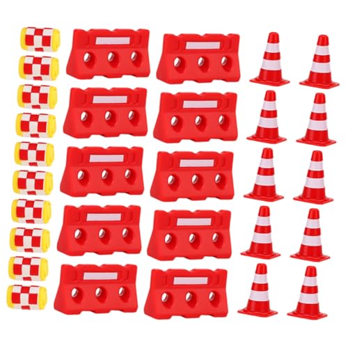FUNOMOCYA 30 Stück Teiliges Mini verkehrszeichen Roten Leitkegeln Roten Absperrzäunen und Gelben Schutzbehältern Realistische Straßensimulation für Pädagogisches Verkehrsspielzeug für von FUNOMOCYA