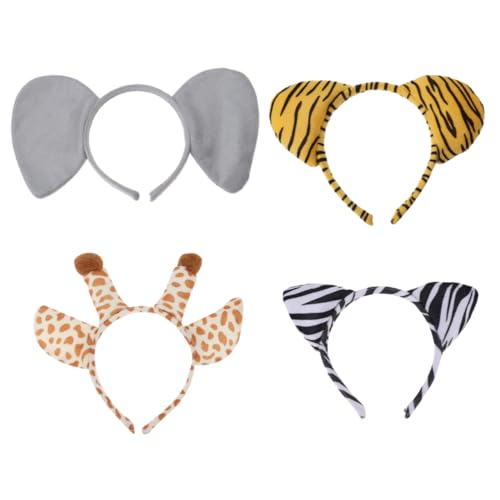 FUNOMOCYA 4 Stück Teiliges Animal Ear Headband mit Tiger Elefant Zebra Giraffe Ohren Weiche Haarreifen für Erwachsene für Kostüm Cosplay Party und Fasching von FUNOMOCYA