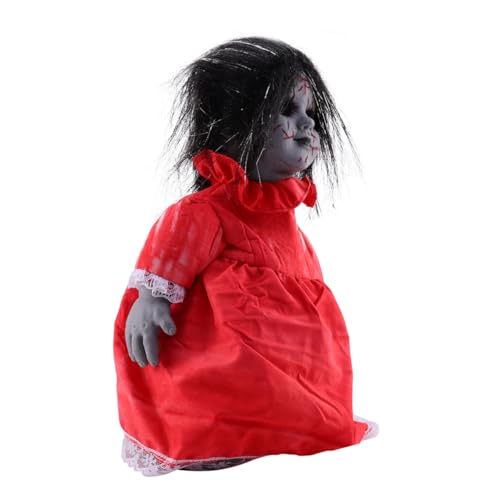 FUNOMOCYA Halloween Gruselige Voice Controlled Laufpuppe mit Leuchtenden Augen und Soundeffekt Automatische Bewegung Halloween Deko für Party und Spukhaus Schwarzes Haar Rotes Kostüm ohne von FUNOMOCYA