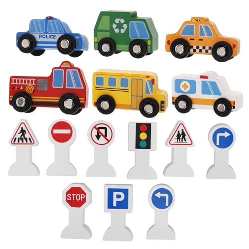 FUNOMOCYA Holzauto Spielset mit Verkehrszeichen Holzfahrzeug Sicheres Konstruktionsspielzeug für Jungen und Mädchen Ab Jahren Pädagogisch und Langlebig von FUNOMOCYA