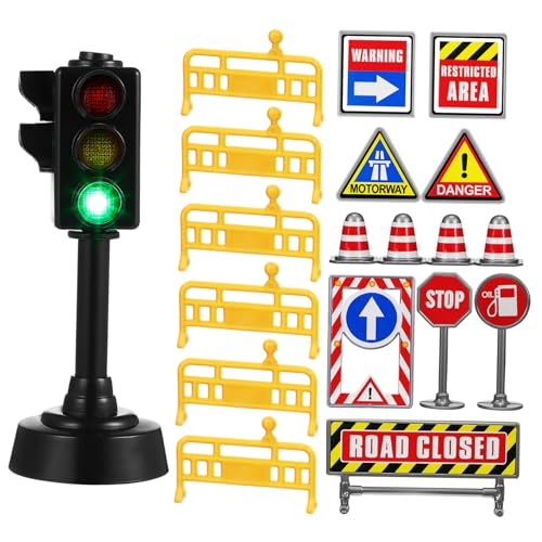 FUNOMOCYA Mini Verkehrszeichen mit Verkehrsleitkegeln Straßenaufklebern und Stufiger Ampel Pädagogisches Verkehrsspielzeug für Frühkindlichen Verkehrserziehung von FUNOMOCYA