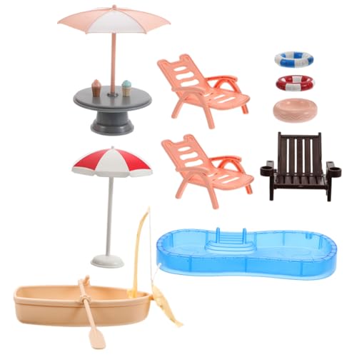FUNOMOCYA Miniatur Dollhouse Strandzubehör mit Schwimmbecken Schwimmring Strandstuhl Sonnenschirm und Boot aus Langlebigem Kunststoff für Kreative Puppenhaus Dekoration von FUNOMOCYA