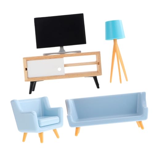 FUNOMOCYA Miniatur Puppenhaus Möbel mit Schwarzem Fernseher Weißem Tv Schrank Blauem Tischlampen Hellblauem Langen und Kurzem Sofa Klassische Dekoration für Puppenhaus und Miniatur dekor von FUNOMOCYA