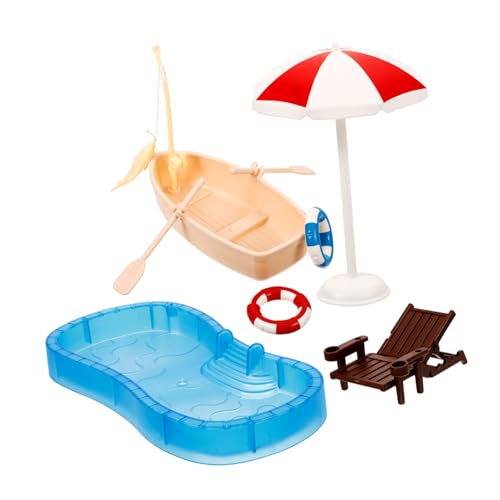 FUNOMOCYA Miniatur Puppenhaus Zubehör mit Mini Schwimmbecken Lounge Liegestuhl und Kleinem Boot Sommerliche Dekoration für Puppenhaus und DIY Miniatur Strandlandschaft von FUNOMOCYA