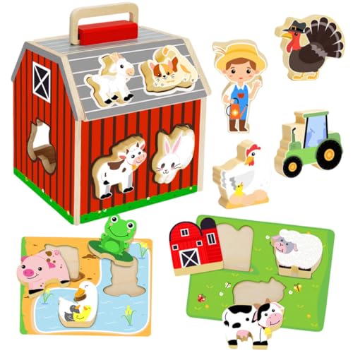 FUNOMOCYA Montessori Holz Bauernhof Puzzle Stapelbares Baukastenspiel Feinmotorik Hand-Auge-koordination und Kognitiver Entwicklung für Kleinkinder und Vorschulkinder von FUNOMOCYA