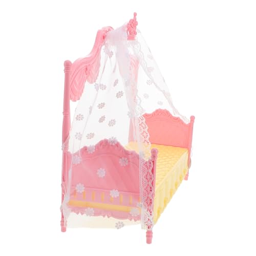 FUNOMOCYA Puppenhaus Bett mit Schlafvorhang Prinzessin Miniatur Schlafzimmermöbel Spielzeugbett für Mädchen Abnehmbar Farblich Sortiert und Gelb Fördert Kreativität und Fantasie von FUNOMOCYA