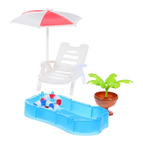 FUNOMOCYA Realistisches Mini Pool mit Sonnenschirm Strandstuhl und Schwimmring für DIY Puppenhaus Garten Dekoration und Kinderspielzeug von FUNOMOCYA