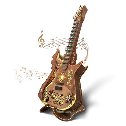 FUNPOLA 3D Holzpuzzle Akkord-Gitarre LED Kit – Spielbares Akustikgitarren Modell mit LED-Licht, DIY mechanisches Musik-Bastelset für Erwachsene und Jugendliche von FUNPOLA