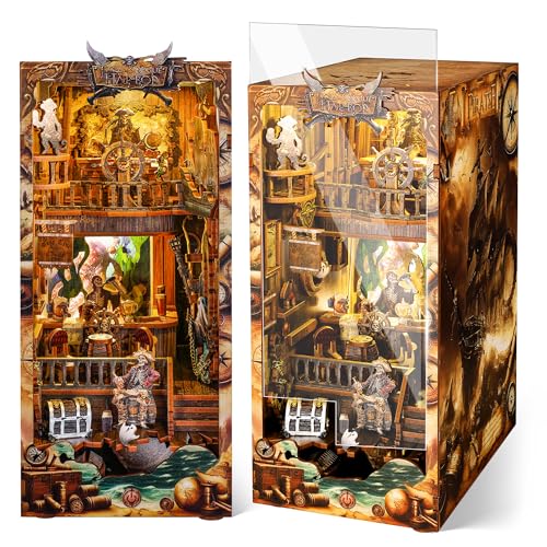 FUNPOLA 3D Holzpuzzle Booknook Kit, Piraten-Bücherregal-Einsatz mit LED-Lichtern, DIY Miniatur-Buchstützen Deko für Erwachsene und Teenager, Einzigartiges Handwerksgeschenk (Neue Welt) von FUNPOLA