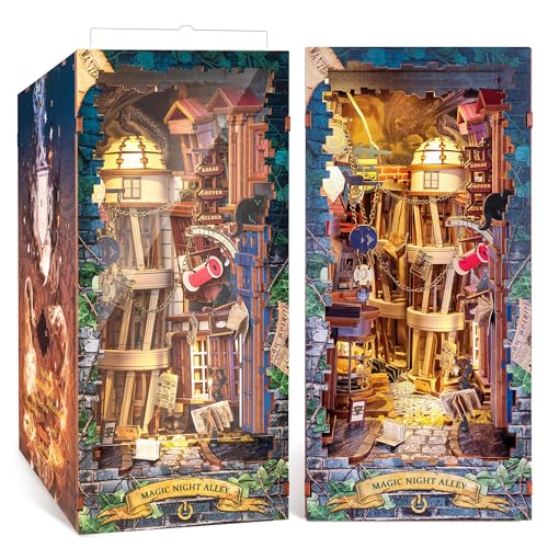 FUNPOLA 3D Holzpuzzle Book Nook Kit, Magisches DIY Miniatur-Puppenhaus mit LED-Licht, Bücherregal-Einsatz Buchstütze zur Ausstellung, 3D-Puzzle-Bastelset für Erwachsene (Magische Nachtgasse) von FUNPOLA