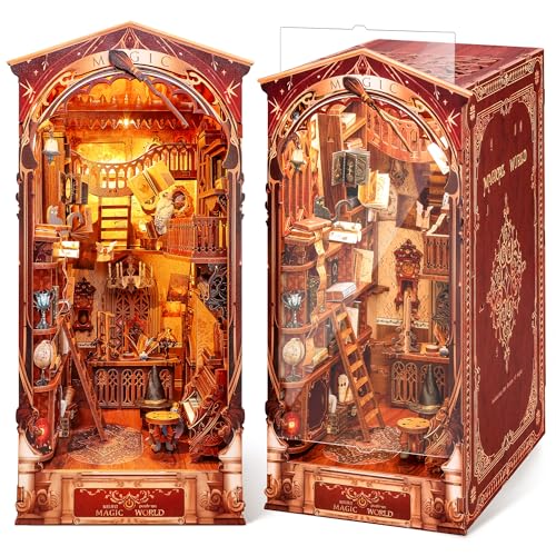 FUNPOLA 3D Holzpuzzle Book Nook Kit, magisches DIY Miniatur Puppenhaus mit LED-Licht, Magic World-Bücherregal-Einsatz Buchstütze zur Präsentation, 3D-Puzzle-Bastelset für Erwachsene (Magische Welt) von FUNPOLA