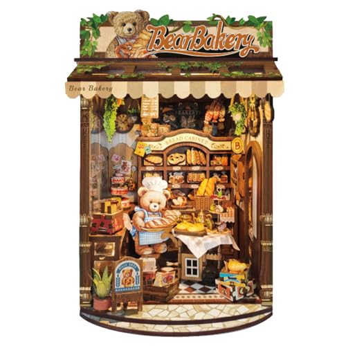 FUNPOLA 3D Holzpuzzle Book Nook Kit mit LED-Licht (Bear Bakery) von FUNPOLA