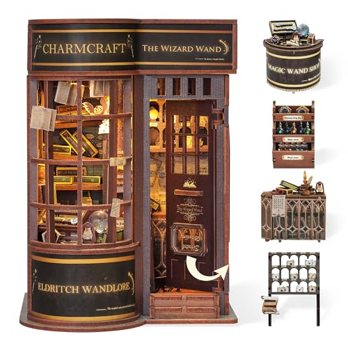 FUNPOLA 3D Holzpuzzle Zauberstab Buchnische Kit - DIY Miniatur Bücherregal mit LED Licht - Kreatives Dekogeschenk zum Ausstellen (Zauberstab Shop) von FUNPOLA