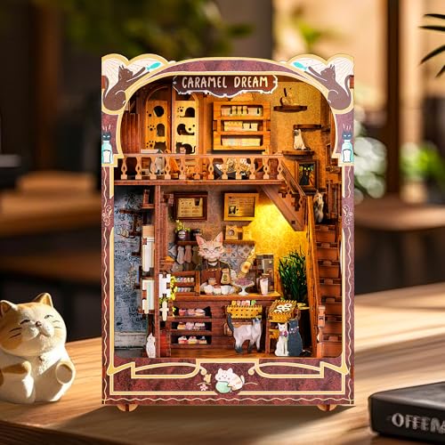 FUNPOLA 3D Holzpuzzle Booknook Kit, Karamelltraum Katzencafé Bücherregal mit LED, DIY Miniatur-Buchstützen Deko, Handwerksgeschenk für Katzenliebhaber und Teenager (Karamelltraum) von FUNPOLA