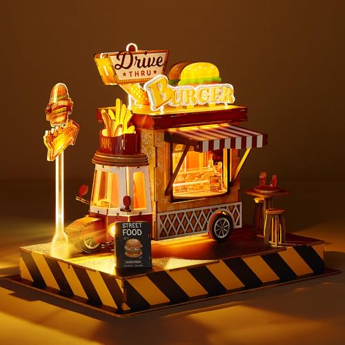 FUNPOLA 3D Holzpuzzle Burger Truck Modell – DIY Miniatur Food Truck Puppenhaus Fahrzeug Bastelset mit LED-Leuchten – perfektes kreatives Geschenk für Kinder und Erwachsene (Burger) von FUNPOLA