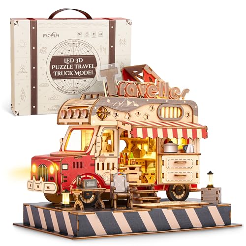 FUNPOLA 3D Holzpuzzle Reise Truck Modell - DIY Miniatur Abenteuer LKW-Bausatz mit LED-Leuchten - kreatives Geschenk für Kinder und Erwachsene (Reiseauto) von FUNPOLA