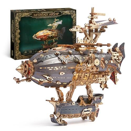 FUNPOLA LED 3D Holzpuzzle fur Erwachsene Luftschiffmodell - Steampunk DIY Bastelset mit LED-Leuchten - Holz Luftschiffmodell-Bausatz für und Erwachsene (Grau) von FUNPOLA