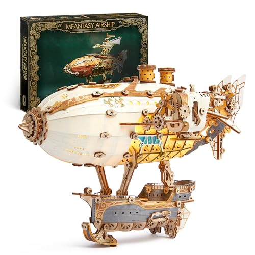 FUNPOLA LED 3D Holzpuzzle fur Erwachsene Luftschiffmodell - Steampunk DIY Bastelset mit LED-Leuchten - Holz Luftschiffmodell-Bausatz für und Erwachsene (Weiß) von FUNPOLA