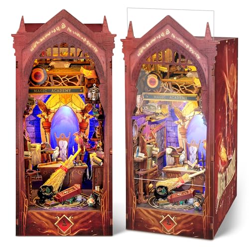 FUNPOLA 3D Holzpuzzle Magische Akademie Buchnische Set, Bücherregal-Einsatz mit LED-Lichtern und Fernbedienung, DIY Miniatur-Buchstützen Dekoration für Display (Magische Akademie) von FUNPOLA