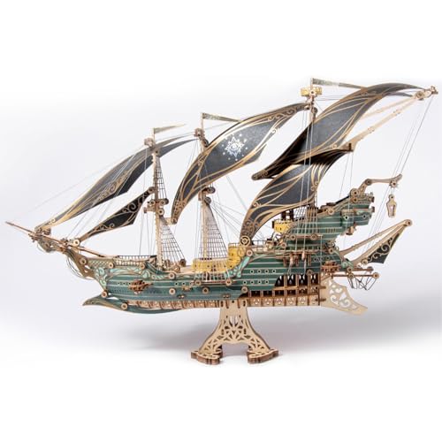 FUNPOLA 3D Holzpuzzle Steampunk Segelschiff – DIY Modellbausatz Piratenschiff aus Holz mit Segeln, Anker & Zahnrädern, Geschenk & Deko für Erwachsene und Jugendliche (Grün) von FUNPOLA