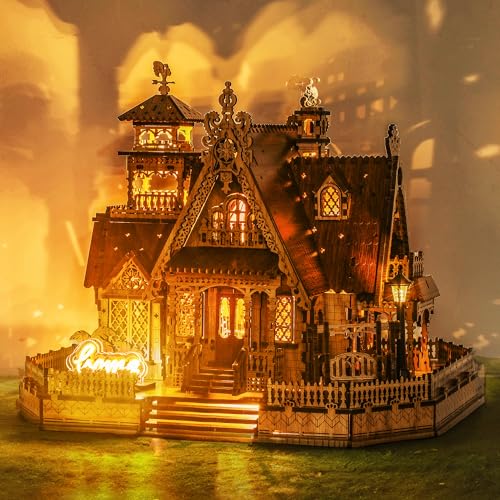 FUNPOLA LED 3D Holzpuzzle für Erwachsene - DIY Miniatur-Bausatz mit LED-Blitz - Erwachsene 3D Handmade Rustic Architecture Home Decor Geschenk (Rural Cottage) von FUNPOLA