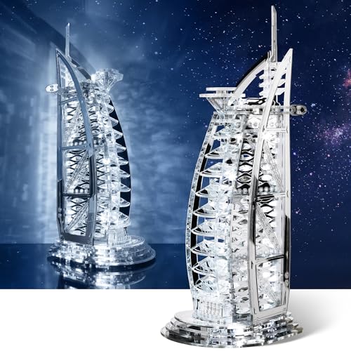 FUNPOLA LED 3D Puzzle für Erwachsene - 3D Architektur Burj Al Arab Modellbausatz - Funkelnde LEDs Dubai Wahrzeichen (Silber) von FUNPOLA