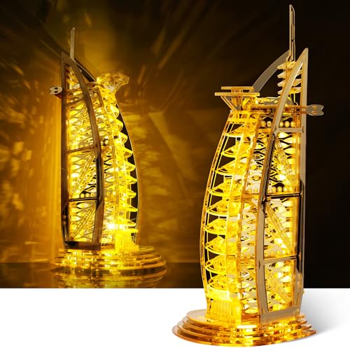 FUNPOLA LED 3D Puzzle für Erwachsene - 3D Architektur Burj Al Arab Modellbausatz - Funkelnde LEDs Dubai Wahrzeichen - 3D Puzzle Heimdekoration Gebäude (Gold) von FUNPOLA