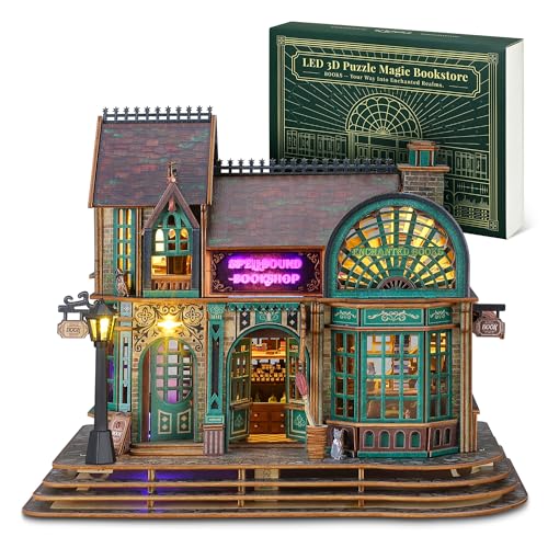 FUNPOLA LED 3D Holzpuzzle - Magischer Buchladen-Bausatz mit LEDs - Magischer Miniatur Buchladen zum Selbermachen - 3D Puzzle Architektur Bastelgeschenk für Erwachsene von FUNPOLA