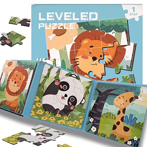 FUNTECH Kinderpuzzle, Magnetische Puzzle 3 in 1 für 3 bis 6-Jährige, Reisespiele Kinder ab 3, Magnetisches Reisespielzeug und Spiel, Lernpuzzle in Form eines Buches mit 37 Teilen (Puzzle Tiere) von FUNTECH