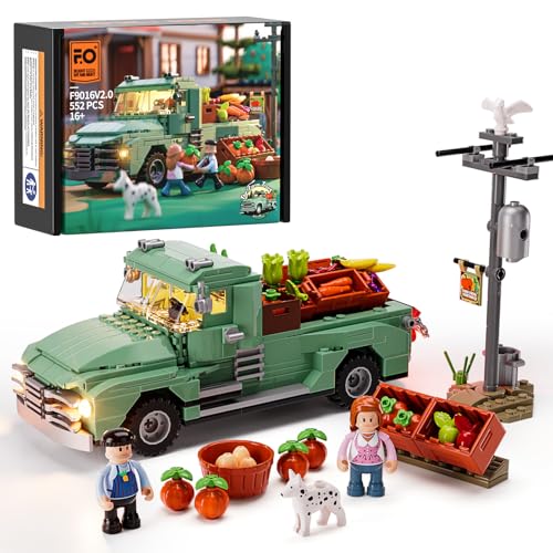 FUNWHOLE Bauernhof Lastwagen Beleuchtungs Bausteine Set - Retro Bauernhof Lastwagen LED Licht BAU Modell Set 552 Stück für Erwachsene und Teenager von FUNWHOLE