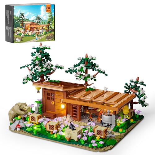 FUNWHOLE Bienenhof Beleuchtetes Baustein Set – Bauernhaus Bienenhütte Honigwerkstatt LED Licht Bausatz 1274 Teile für Erwachsene und Jugendliche von FUNWHOLE