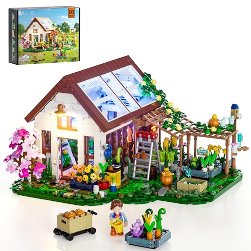 FUNWHOLE Botanisches Gewächshaus Beleuchtetes Baustein-Set – Farm Blumenhaus mit LED Licht, Modularer Modellbausatz, 1428 Teile für Erwachsene und Jugendliche, die Blumen und Pflanzen lieben von FUNWHOLE