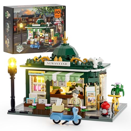 FUNWHOLE Kiosk Beleuchtung Klemmbausteine Haus, Muttertagsgeschenk&Schreibtisch-Deko, Retro Modular Building Stadtleben Set, Geschenk für Erwachsene und Jugendliche,556 Pcs,F9023,Newsstand von FUNWHOLE
