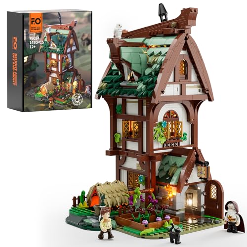 FUNWHOLE Mittelalterlich Apotheken Bausteine Set mit LED Leuchten, Medieval Shop 1470 pcs Mittelalter Straße Model Baukasten Set Spielzeug Geschenke für Erwachsene und Jugendliche von FUNWHOLE